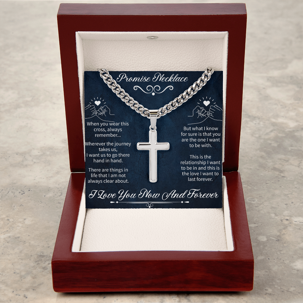 Artisan Cross Promise Necklace – Cuban Link Chain Jewelry – Inspirational Promise Gift for Him
