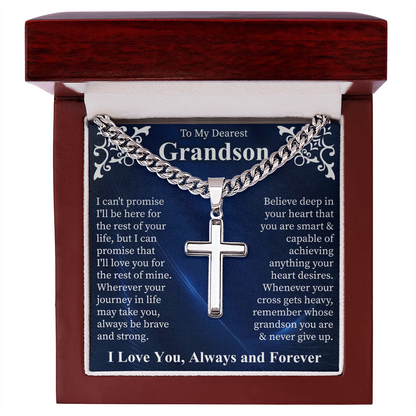 To My Dearest Grandson Artisan Cross Necklace, Cuban Link Chain for Men, Grandson Gift from Grandma, Mens Cross Jewelry, Birthday Gift for Him