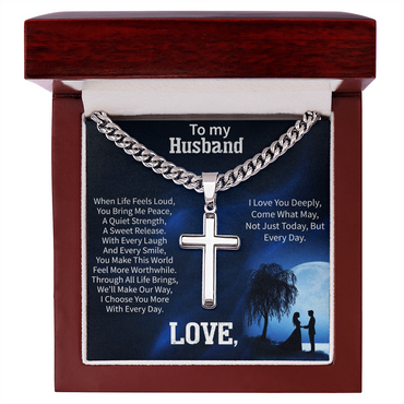 Artisan Cross Necklace for Husband – To My Husband Gift – Cuban Link Chain Jewelry for Anniversary or Birthday