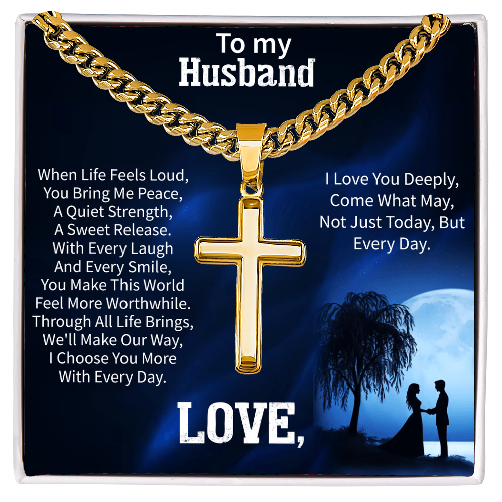 Artisan Cross Necklace for Husband – To My Husband Gift – Cuban Link Chain Jewelry for Anniversary or Birthday