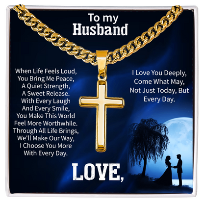 Artisan Cross Necklace for Husband – To My Husband Gift – Cuban Link Chain Jewelry for Anniversary or Birthday