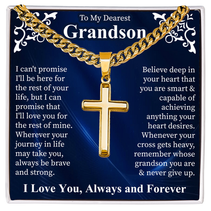 To My Dearest Grandson Artisan Cross Necklace, Cuban Link Chain for Men, Grandson Gift from Grandma, Mens Cross Jewelry, Birthday Gift for Him