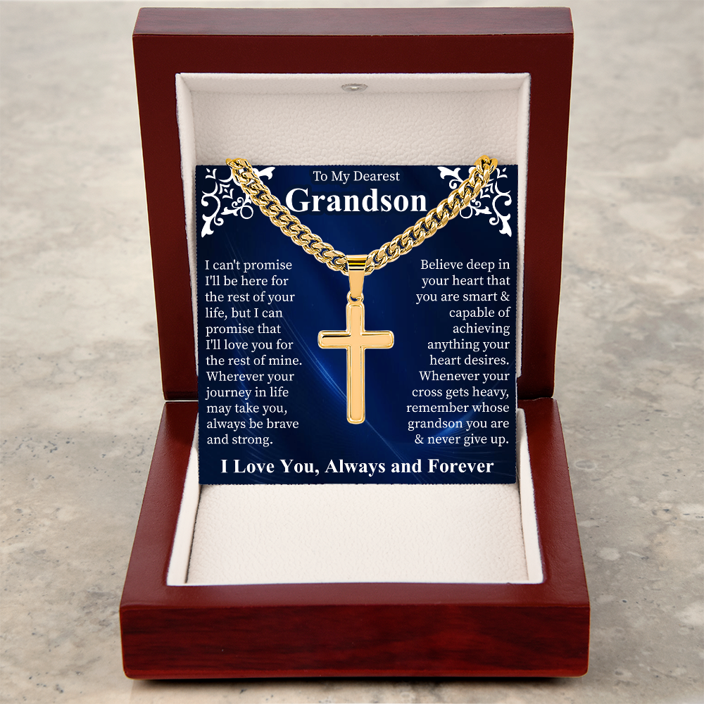To My Dearest Grandson Artisan Cross Necklace, Cuban Link Chain for Men, Grandson Gift from Grandma, Mens Cross Jewelry, Birthday Gift for Him