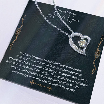 aunt niece necklace displayed with a sentimental message card