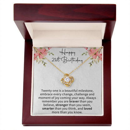 love knot necklace displayed as a keepsake gift for a memorable 21st birthday