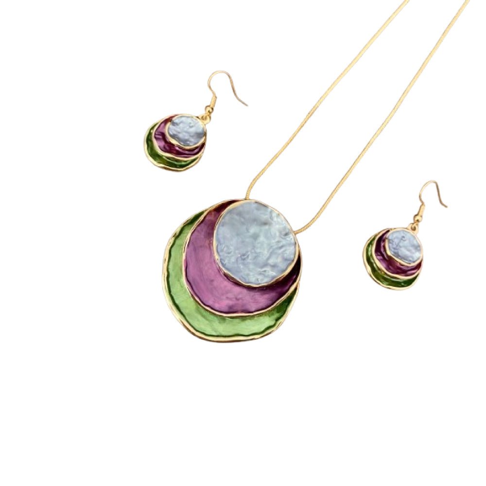 Colorful Oil Painting Design Three - Layer Ring Hollow Pendant Set with Earrings & Necklace - Beauty Belliss
