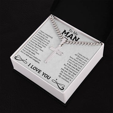men’s cuban link chain with engraved cross presented in a premium gift box