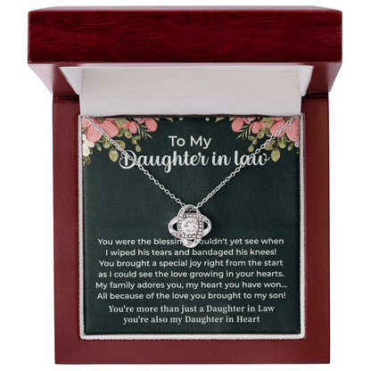 daughter in law necklace displayed with a warm message card of love and respect