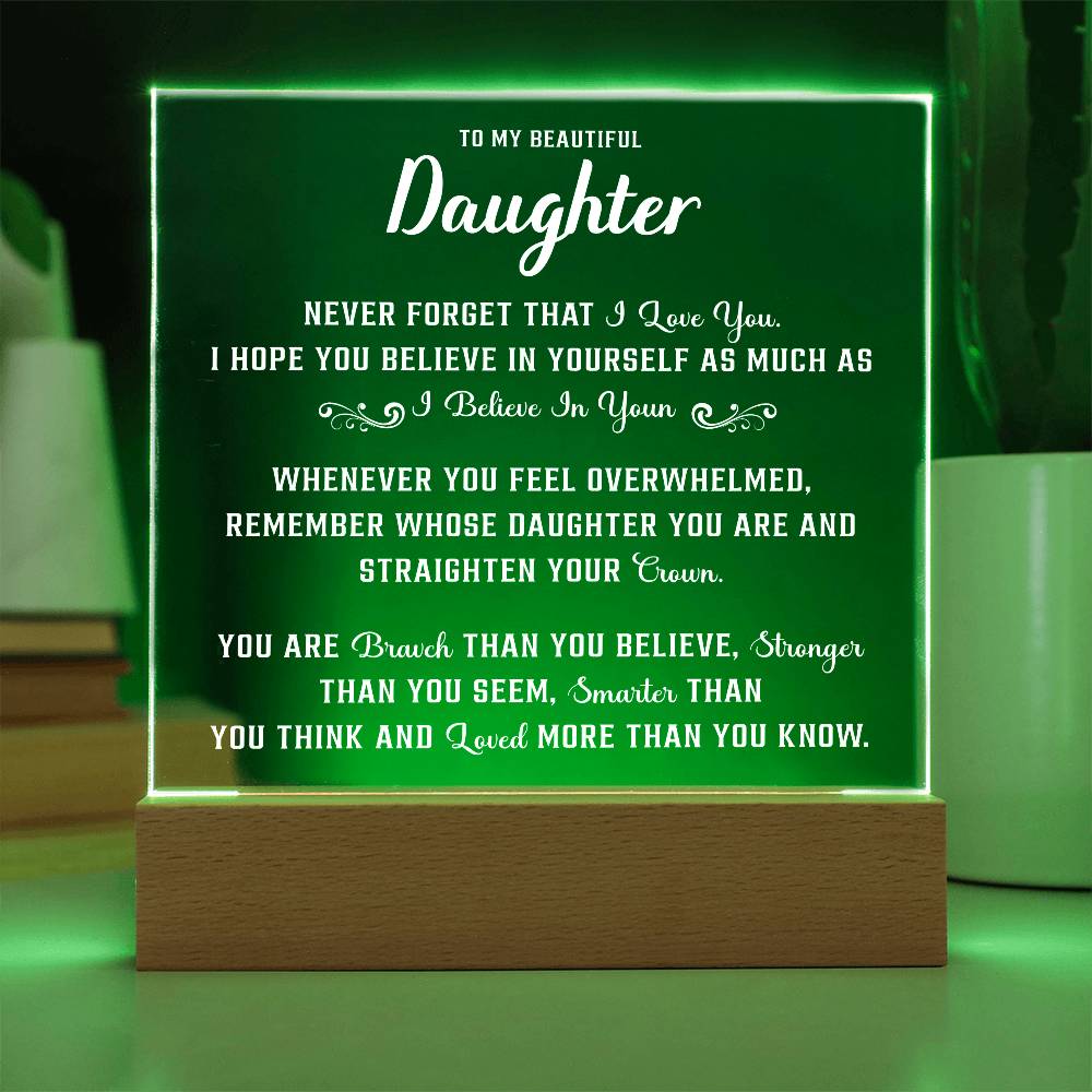 close up of acrylic plaque designed as an emotional keepsake for daughter