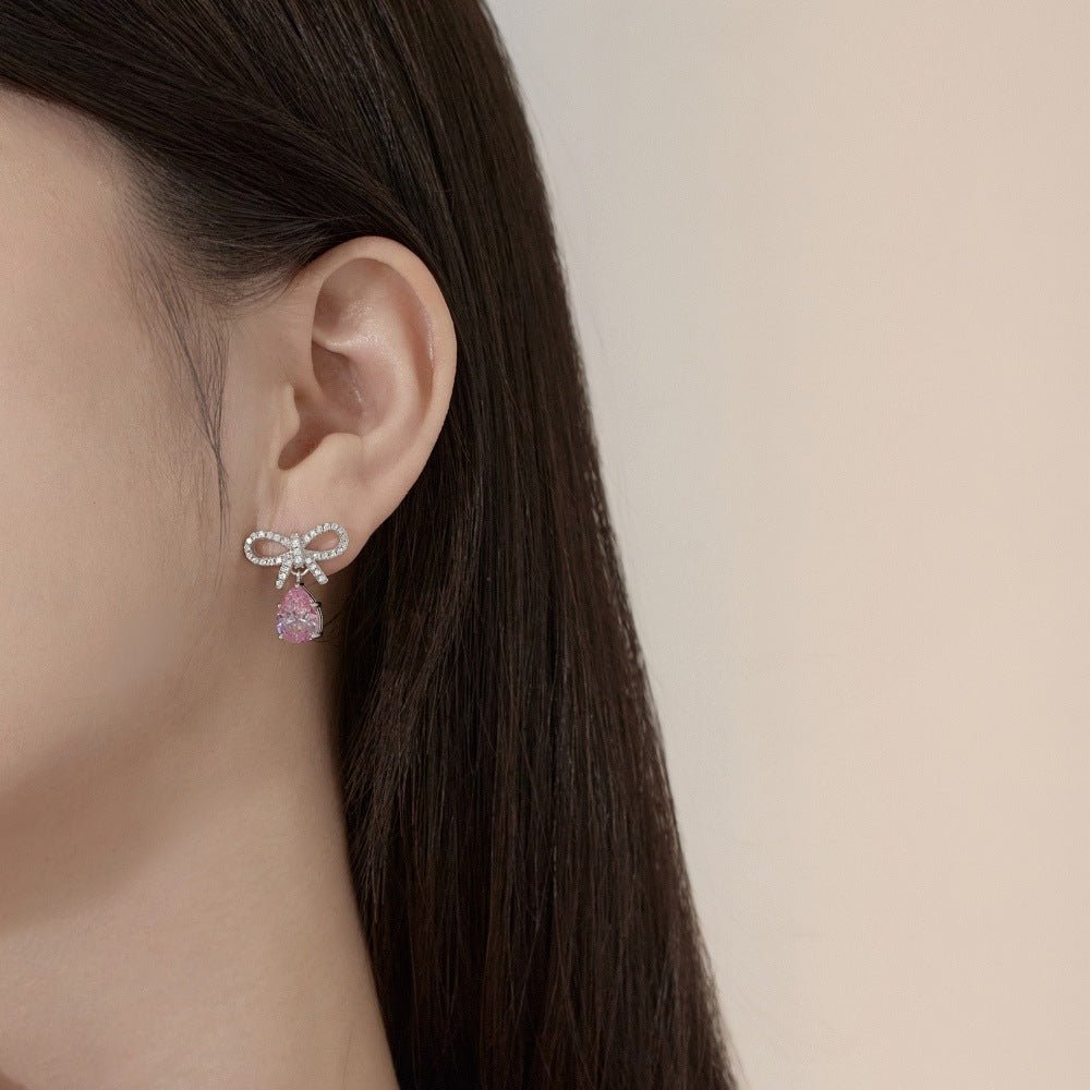 Exquisite S925 Silver Pink Teardrop Bow Earrings – Fashionable & Elegant Women's Jewelry - Beauty Belliss
