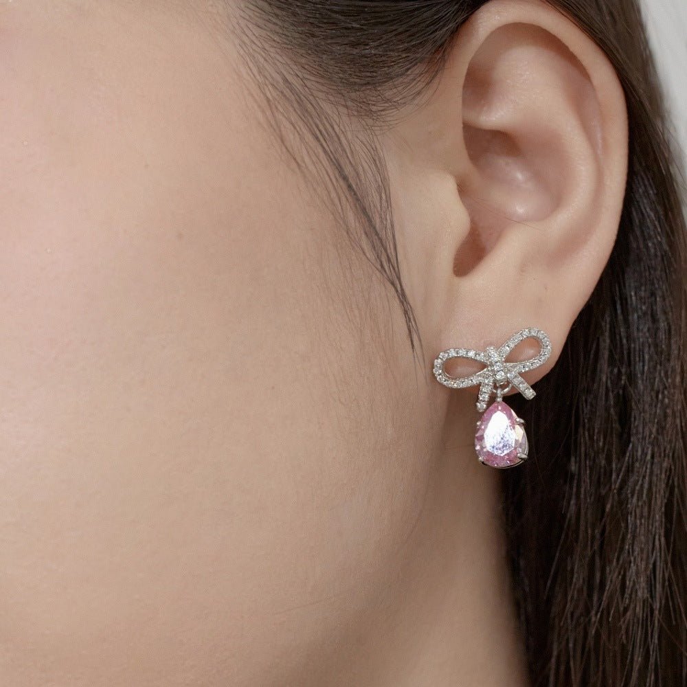 Exquisite S925 Silver Pink Teardrop Bow Earrings – Fashionable & Elegant Women's Jewelry - Beauty Belliss