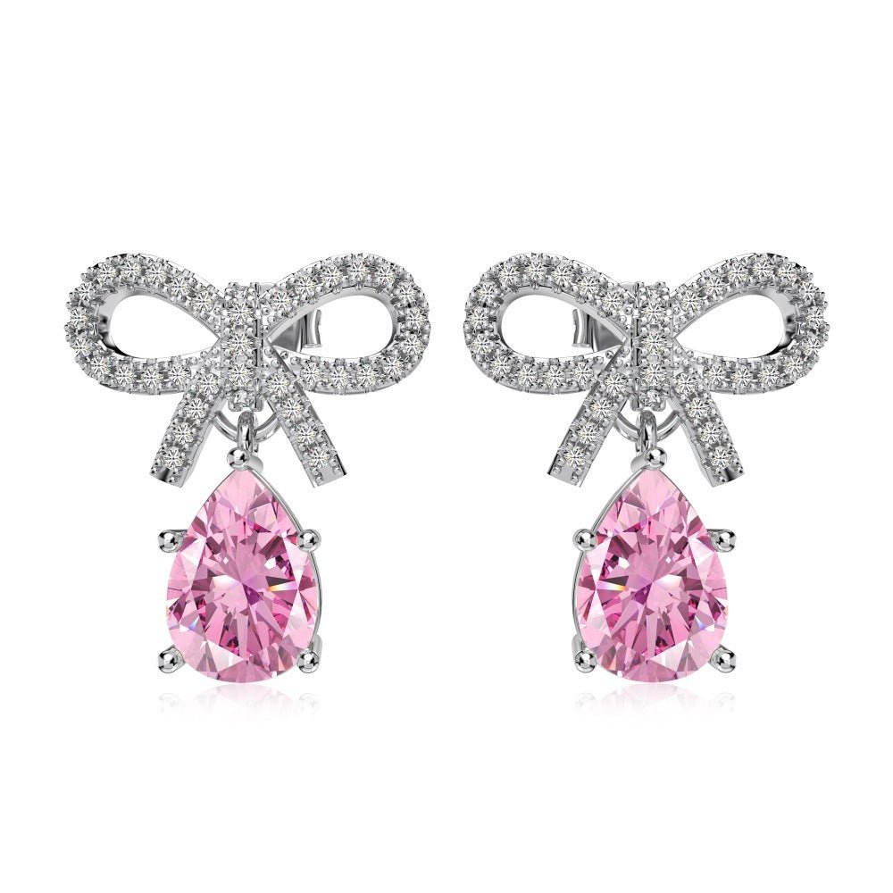 Exquisite S925 Silver Pink Teardrop Bow Earrings – Fashionable & Elegant Women's Jewelry - Beauty Belliss