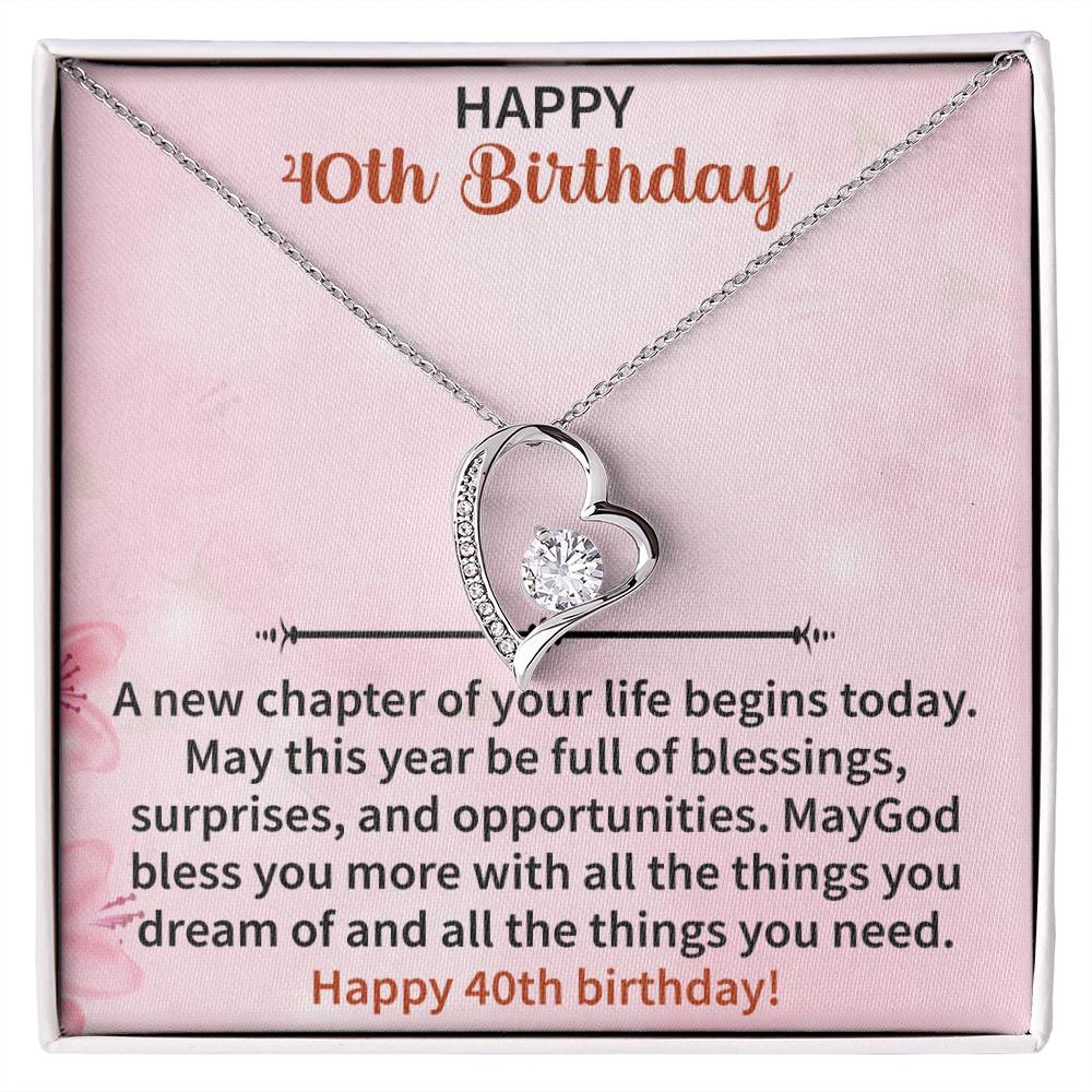 forever love necklace displayed with happy 40th birthday message card