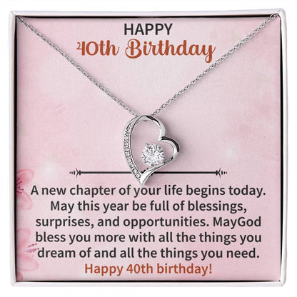 forever love necklace displayed with happy 40th birthday message card