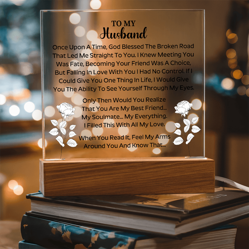 close up of engraved message on an acrylic plaque designed for husband