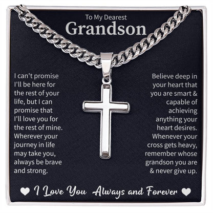 Giftsignature cuban link chain with engraved artisan cross gifted to a beloved grandson as a symbol of love and guidance