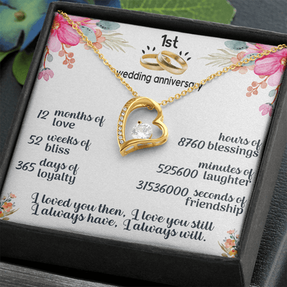 anniversary necklace paired with a heartfelt message card for first anniversary