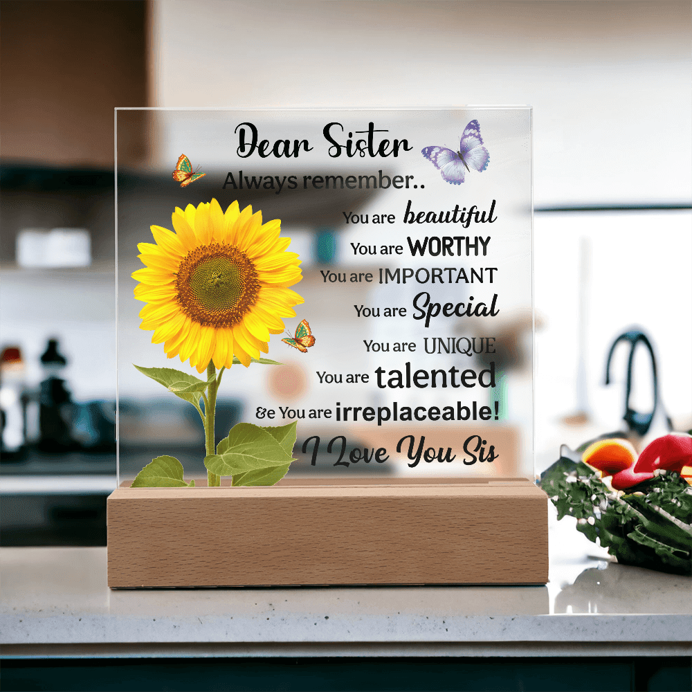 Sisters Gift - Inspirational Sister Love Floral Acrylic Desk Plaque Sign with Wood Stand - Beauty Belliss