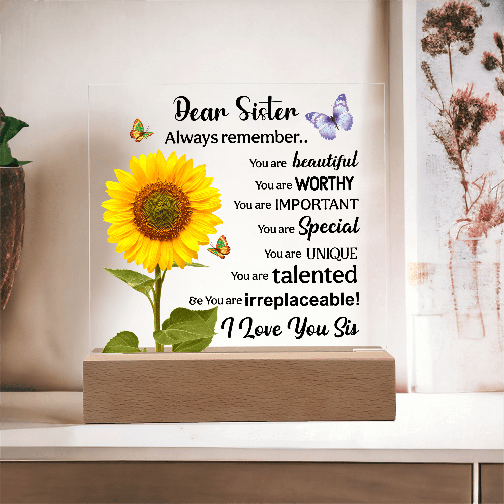Sisters Gift - Inspirational Sister Love Floral Acrylic Desk Plaque Sign with Wood Stand - Beauty Belliss