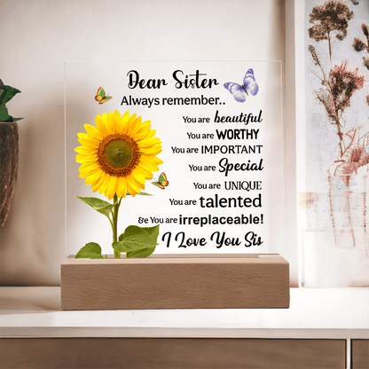 Sisters Gift - Inspirational Sister Love Floral Acrylic Desk Plaque Sign with Wood Stand - Beauty Belliss
