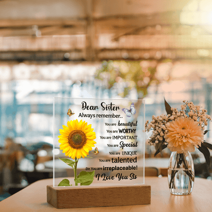 Sisters Gift - Inspirational Sister Love Floral Acrylic Desk Plaque Sign with Wood Stand - Beauty Belliss
