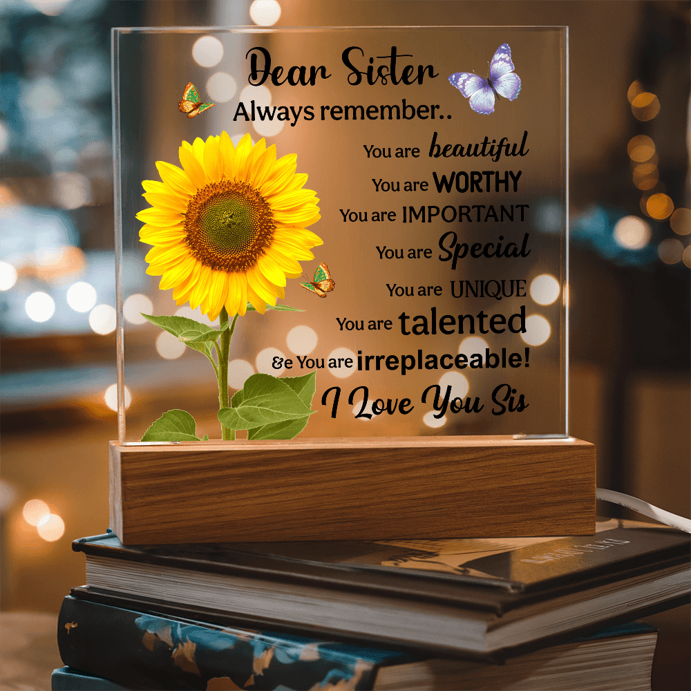 Sisters Gift - Inspirational Sister Love Floral Acrylic Desk Plaque Sign with Wood Stand - Beauty Belliss