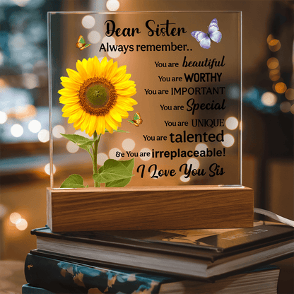 Sisters Gift - Inspirational Sister Love Floral Acrylic Desk Plaque Sign with Wood Stand - Beauty Belliss