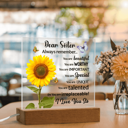 Sisters Gift - Inspirational Sister Love Floral Acrylic Desk Plaque Sign with Wood Stand - Beauty Belliss