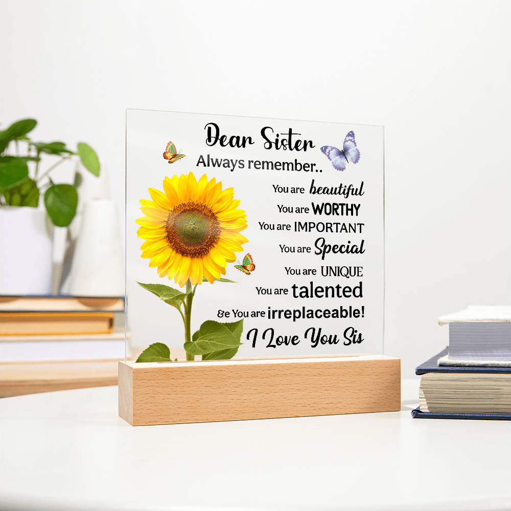 Sisters Gift - Inspirational Sister Love Floral Acrylic Desk Plaque Sign with Wood Stand - Beauty Belliss