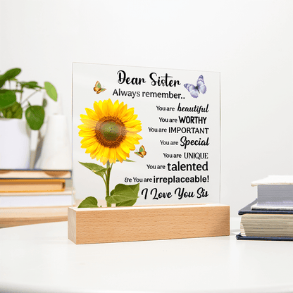 Sisters Gift - Inspirational Sister Love Floral Acrylic Desk Plaque Sign with Wood Stand - Beauty Belliss