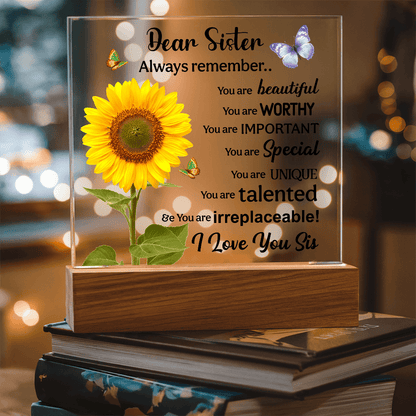 Sisters Gift - Inspirational Sister Love Floral Acrylic Desk Plaque Sign with Wood Stand - Beauty Belliss