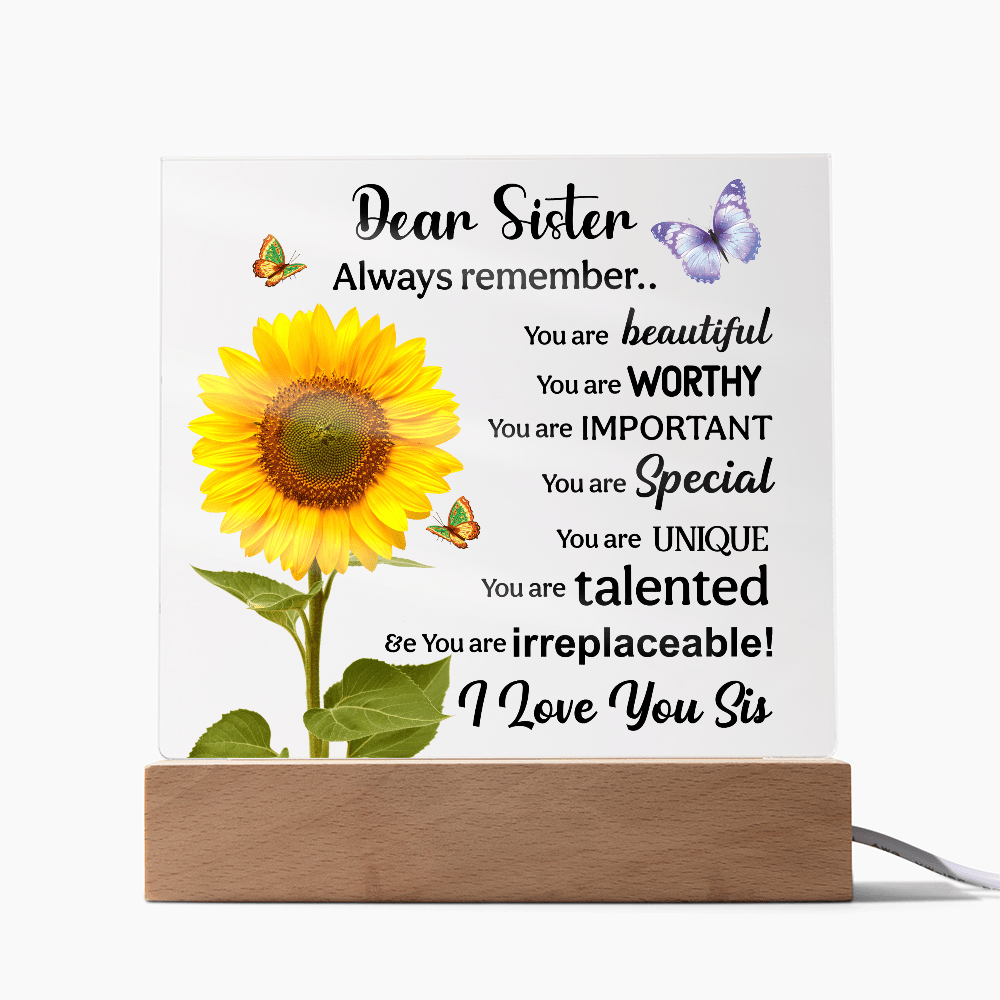 Sisters Gift - Inspirational Sister Love Floral Acrylic Desk Plaque Sign with Wood Stand - Beauty Belliss