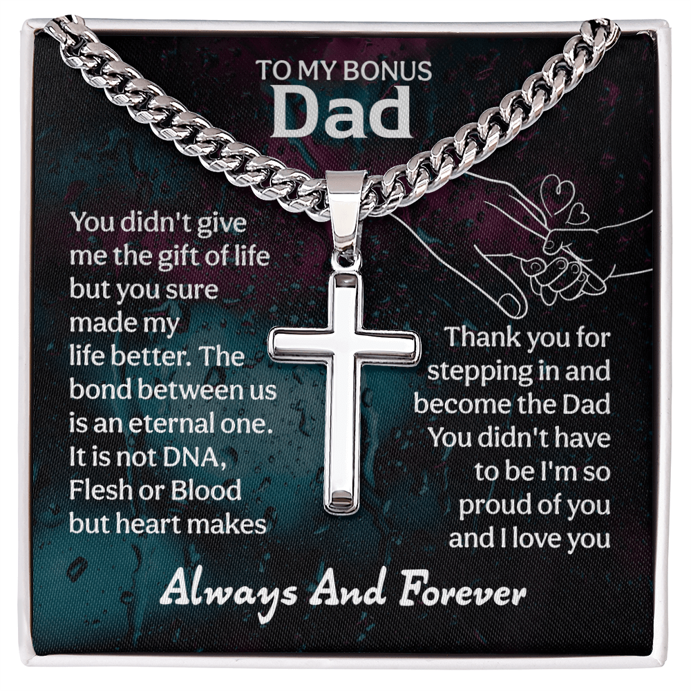 To My Bonus Dad Cuban Link Chain with Engraved Artisan Cross - Beauty Belliss