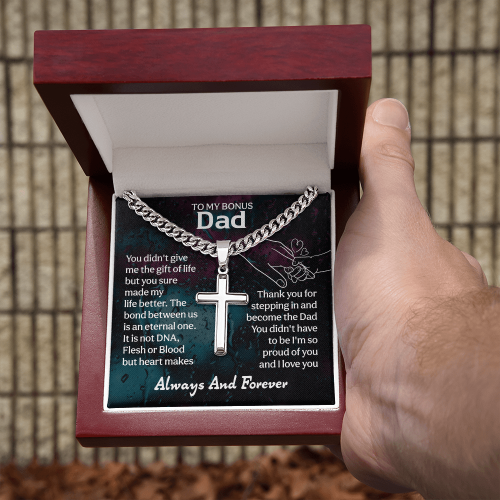 To My Bonus Dad Cuban Link Chain with Engraved Artisan Cross - Beauty Belliss