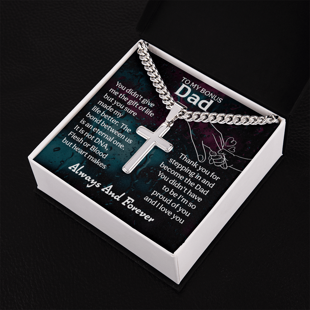 To My Bonus Dad Cuban Link Chain with Engraved Artisan Cross - Beauty Belliss