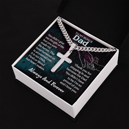 To My Bonus Dad Cuban Link Chain with Engraved Artisan Cross - Beauty Belliss