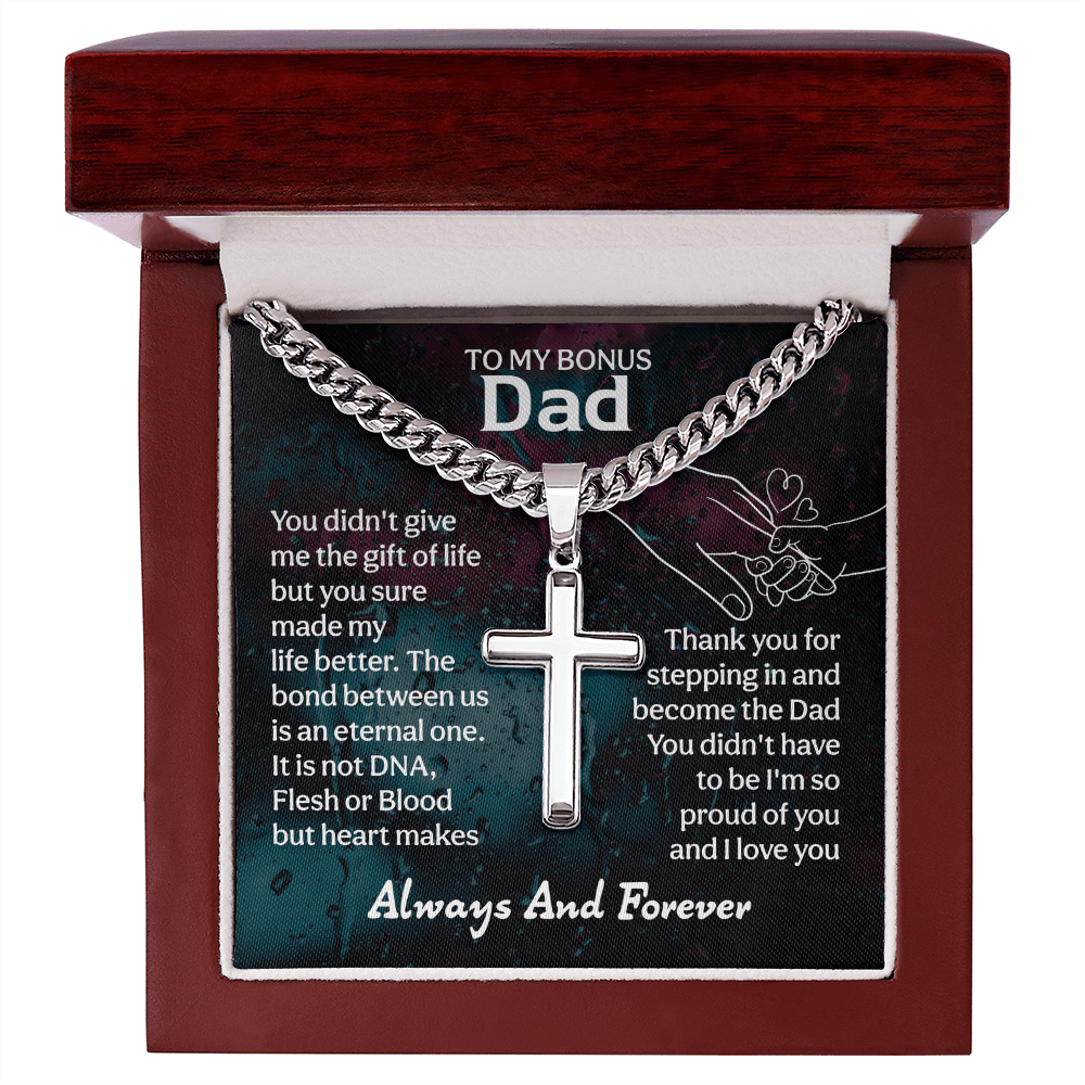 To My Bonus Dad Cuban Link Chain with Engraved Artisan Cross - Beauty Belliss