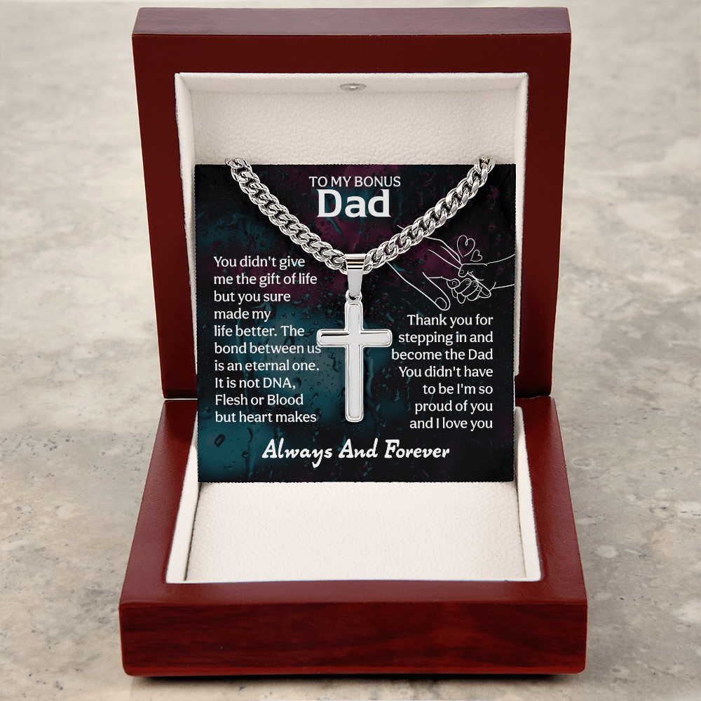 To My Bonus Dad Cuban Link Chain with Engraved Artisan Cross - Beauty Belliss