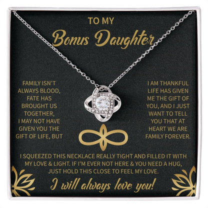 to my bonus daughter forever love necklace displayed as a heartfelt gift