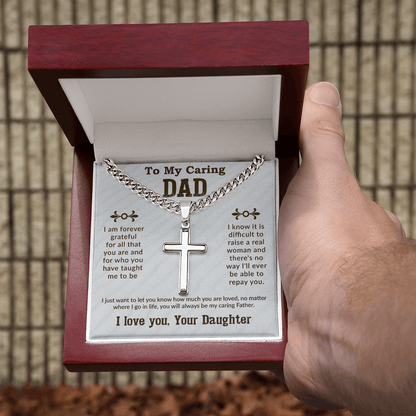 To my caring dad Cuban Link Chain with Engraved Artisan Cross - To My Dad Cuban Chain Necklace Christmas Gifts For Dad, Dad Birthday Gifts from Daughter, Best Dad Ever Gifts - Beauty Belliss