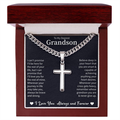 To my Dearest Grandson Cuban Link Chain with Engraved Artisan Cross - Beauty Belliss