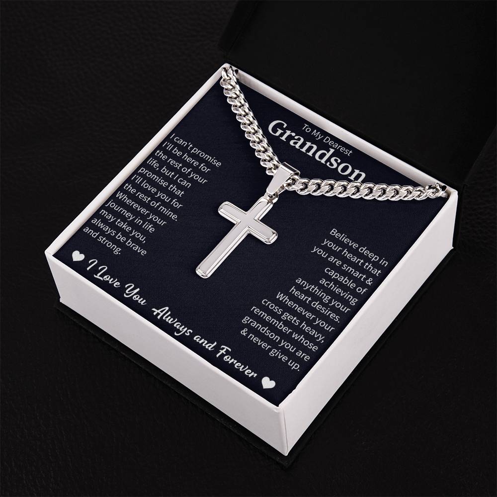 To my Dearest Grandson Cuban Link Chain with Engraved Artisan Cross - Beauty Belliss