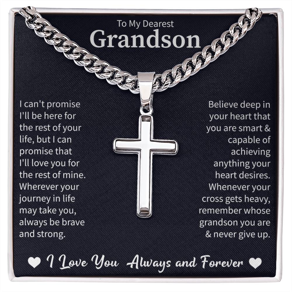 To my Dearest Grandson Cuban Link Chain with Engraved Artisan Cross - Beauty Belliss