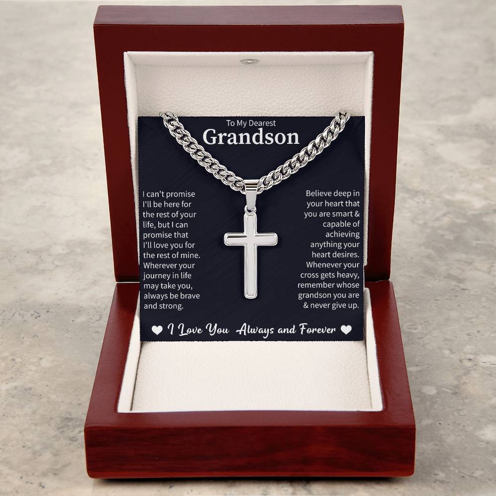 To my Dearest Grandson Cuban Link Chain with Engraved Artisan Cross - Beauty Belliss