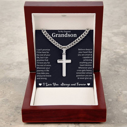 To my Dearest Grandson Cuban Link Chain with Engraved Artisan Cross - Beauty Belliss