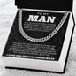 men’s necklace displayed with a romantic message card from partner