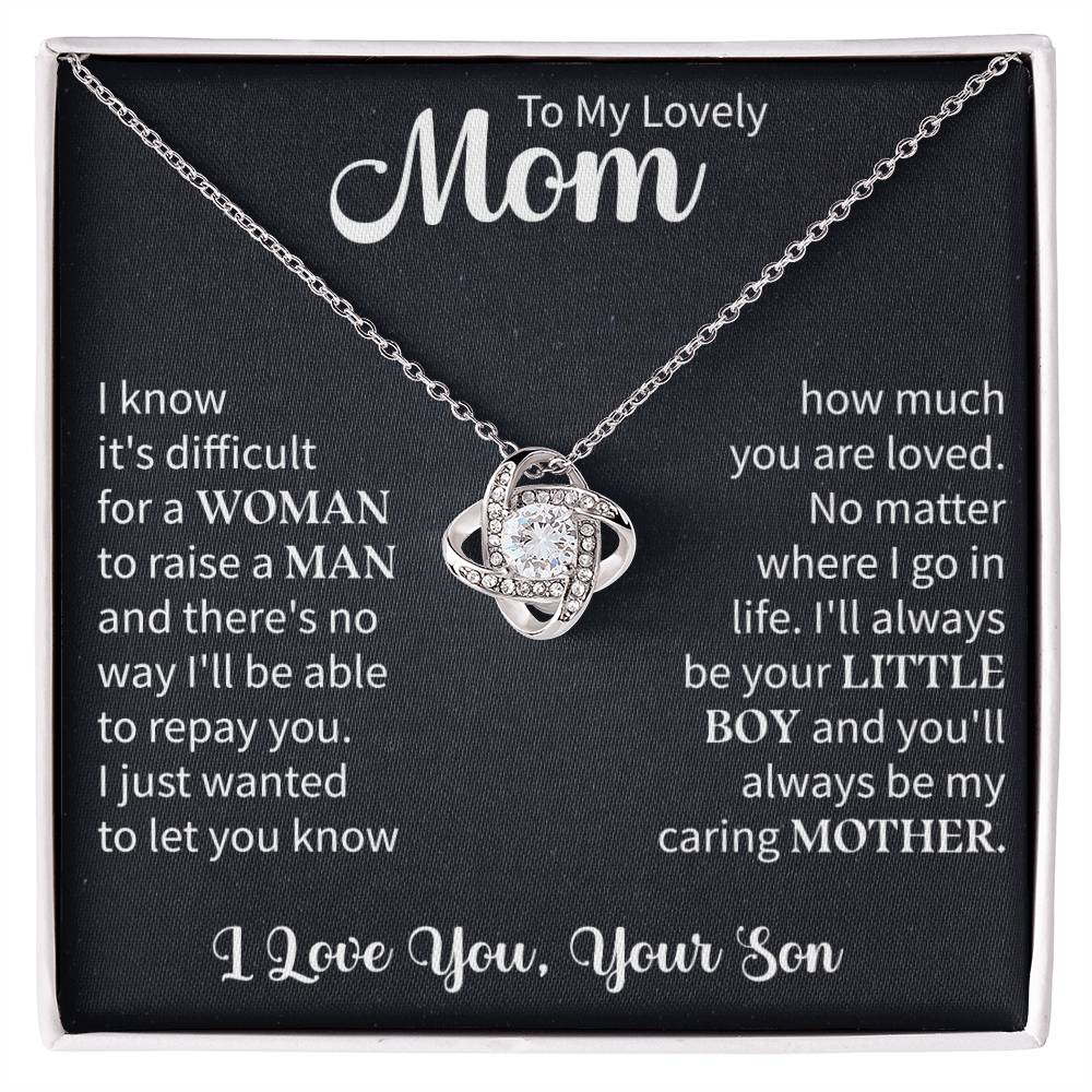 to my mom love knot necklace displayed as a heartfelt gift