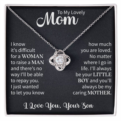 to my mom love knot necklace displayed as a heartfelt gift