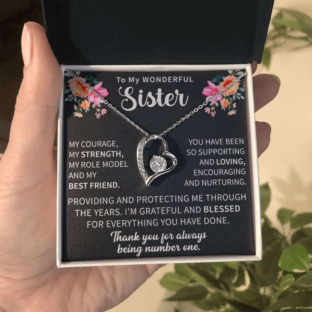 elegant forever love necklace presented in a gift box for a beloved sister