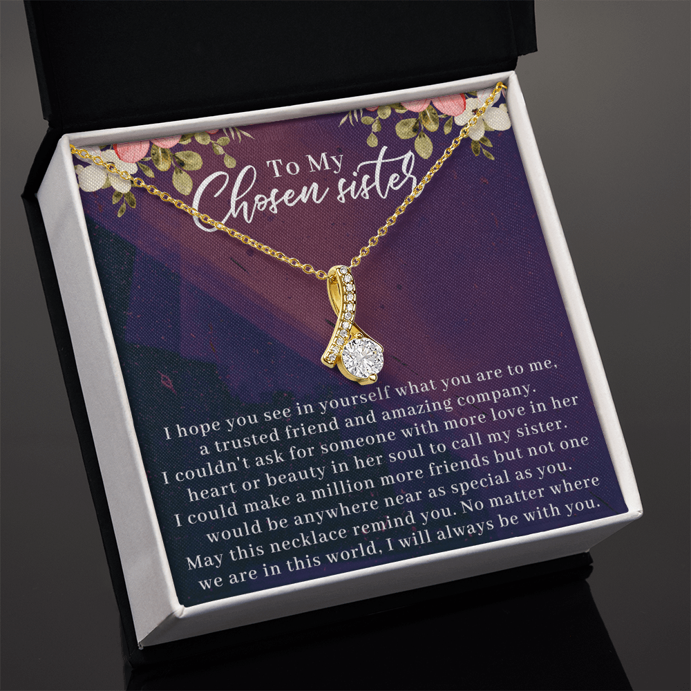 necklace gift displayed with a sentimental message card for a chosen sister